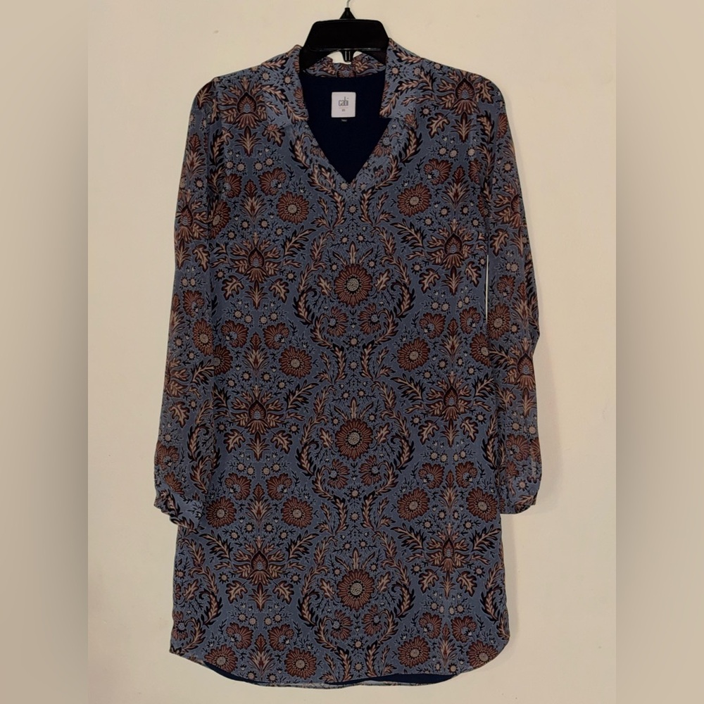 CAbi Blue and Brown Floral Long Sleeve Dress